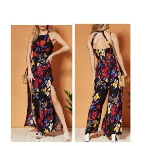 Band Of Gypsies Bristol Split Leg Jumpsuit In Black
& Multicolor Floral Print S